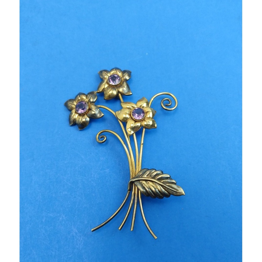 1/20 10KT Yellow Gold Floral Art Deco Rhinestone Pin Brooch Bouquet